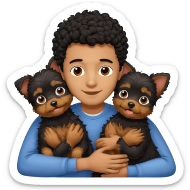 Young man with little brown skin, black curly hair, cheerful dark brown eyes, hugging two yorkie adult sticker