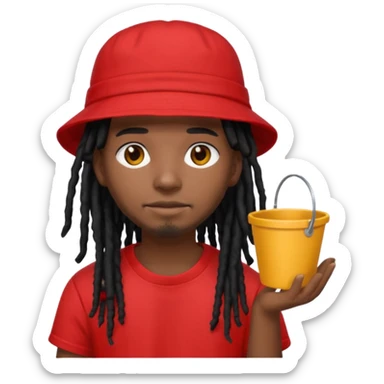 dark brown skin, black hair dreadlocks, wear red t-shirt, black bucket hat sticker