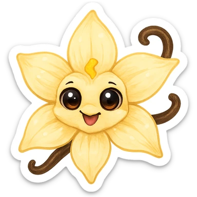 stylized vanilla flower with shiny doe eyes, joyful atmosphere, white background sticker