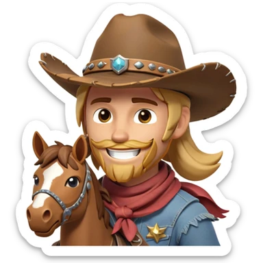 clash-of-clans-aesthetic_-cinematic-playful-cowboy-portrait-emoji, head-tilted with a roguish, cheeky grin and twinkling eyes, featuring a rugged, spirited build with a wide-brimmed cowboy hat and a weathered bandana on tan skin, riding a powerful galloping horse with dynamic flowing mane, reins gripped firmly in one hand and a lasso in the other, as dust swirls behind them in a vast desert landscape. sticker