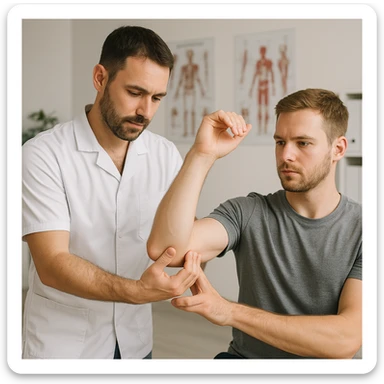 realistic kinesiologist evaluating joint mobility of a patient in a clinical environment, realistic details, inspired by reference photo https://attic.sh/r66tucayi7ewfjges2vhulor9bux sticker