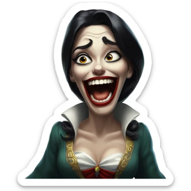 Laughing Jasmine vampire lunatic in Uncle Scrooge style, oil paint, mysterious eyes, intricate lips, masterpiece pose, odd perspective, beautiful, desirable, logical sticker