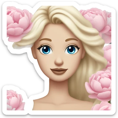 White bride with long light blonde hair and blue eyes with light pink peonies in hair white skin light pink lips sticker