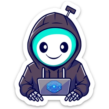 Menacing robot hacker in dark hoodie with glowing screens, digital circuits, malicious smile sticker