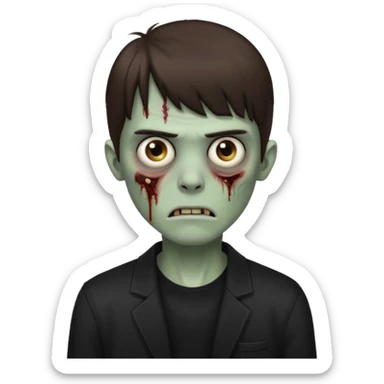 a zombie with dark circles under his eyes and medium brown hair with straight bangs, wearing black clothes
 sticker