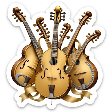 Create a grand, heraldic-style emoji collage representing plucked string instruments. The design should resemble a majestic emblem, featuring a collection of iconic instruments such as a banjo, mandolin, domra, sitar, and other plucked string instruments. Arrange the instruments symmetrically, with their necks and strings intertwining gracefully like a coat of arms. A flowing ribbon of musical notes should elegantly weave through the instruments, creating a sense of harmony and movement. The emblem should have a luxurious, golden and bronze color palette with intricate decorative elements, adding depth and a professional touch. Subtle lighting effects should highlight the polished wood and metal strings of the instruments. The background should be transparent, making the design adaptable for various uses sticker