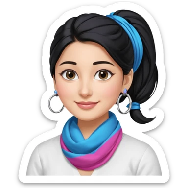 generate a pretty bratz emoji 
Make her wear a white shirt with a colorful blue-pink scarf wrapped around her neck. smiling big. Black hair tied into a side part ponytail, silver hoops and no necklace

She should look exactly  like Kareena Kapoor. kajal under eyes sticker