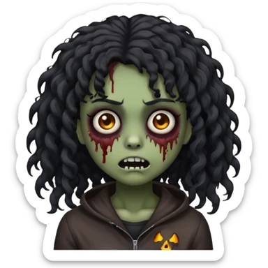 spooky zombie girl emoji, black curly medium-long hair, emo, shaggy, dark, creepy expression sticker