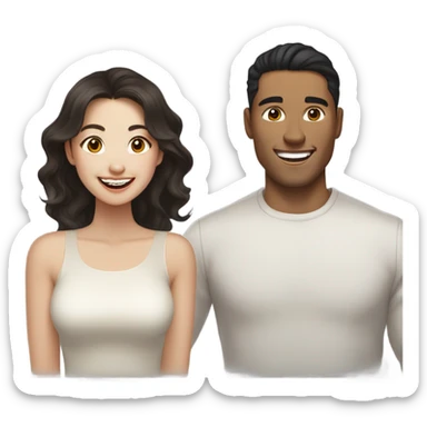 A pale half Asian man with short dark hair and amber eyes laughing with a white woman with long wavy brunette hair and dark hazel eyes. They love each other a lot And have good fashion taste and are hugging each other tight  sticker