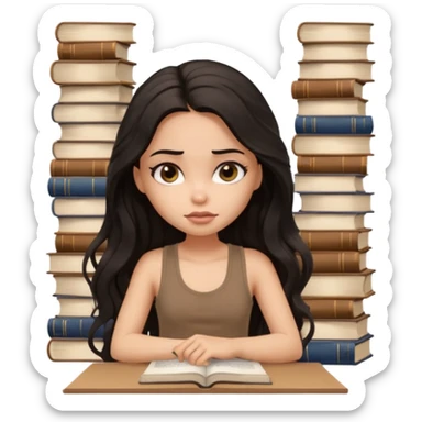 a pretty bratz light dusky girl with long wavy black hair in a brown tank top studying and lookinh tired with stacks of books and papers sticker