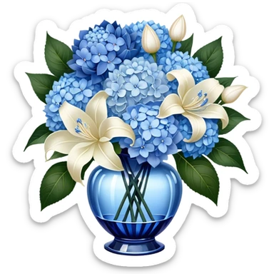 An exquisite floral arrangement of deep blue hydrangeas, pastel blue peonies, and ivory lilies, bound with a flowing pearl satin ribbon and placed in a crystal vase sticker