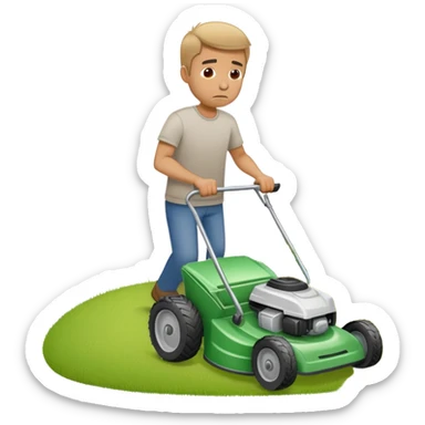 sad man with no kids pushing lawn mower sticker