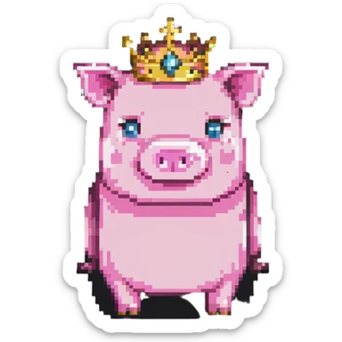 Minecraft pig full body pink blocky animal with square head wearing a crown sticker