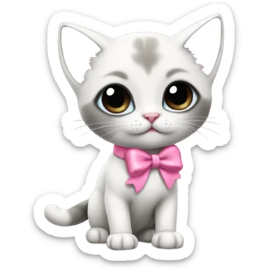 extremely cute kawaii white and gray siamese kitten with pink bow full body sticker