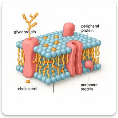 A highly detailed, scientifically accurate cross-section of a biological cell membrane (lipid bilayer) on a white background, ultra-realistic 3D illustration. Show the phospholipid bilayer with hydrophilic heads (round, polar) facing outward and hydrophobic tails (chains) inside. Include embedded proteins (integral and peripheral), cholesterol molecules (small, rigid), glycoproteins with sugar chains, and ion channels. The style should be clean, lab-textbook style, with subtle shadows and depth. Use a color scheme: light blue for hydrophilic heads, yellow for hydrophobic tails, red/pink for proteins, and orange for cholesterol. Microscope-like precision, no artistic stylization. Educational diagram of the Fluid Mosaic Model, cross-sectional view with labels for 'glycoprotein', 'cholesterol', and 'peripheral protein', vector graphic style. sticker