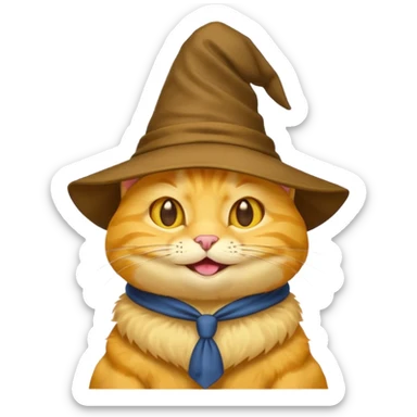Very low detail Simple yellow cat emoji wearing a sorting hat sticker