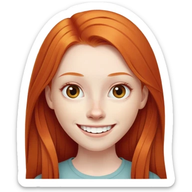 traditional emoji of young girl with very pale skin, long straight bright ginger red hair, elongated oval face, normal-sized human eyes positioned naturally, wide nose, friendly big smile with very large prominent teeth, less intense expression sticker