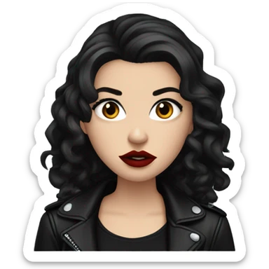 White girl, with long curly black hair, with red lipstick, black winged eyeliner, wearing black shirt and black leather jacket, rolling her eyes annoyed sticker