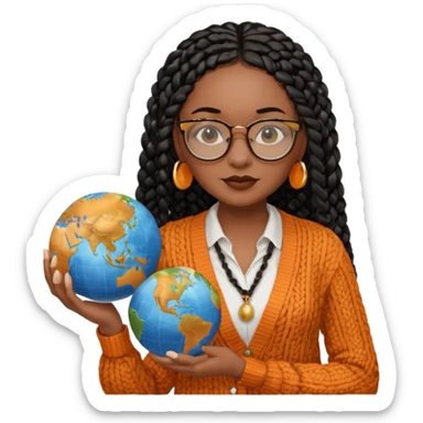 a young woman wearing fine gold round glasses and black hair in several box braids, no earrings, she has light black skin, and she's wearing a white shirt with an orange-terracotta cardigan on top. She's holding a globe in one hand sticker