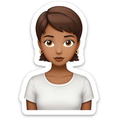 Short hair girl whit brown hair and eyes, whit a coquette shirt sticker