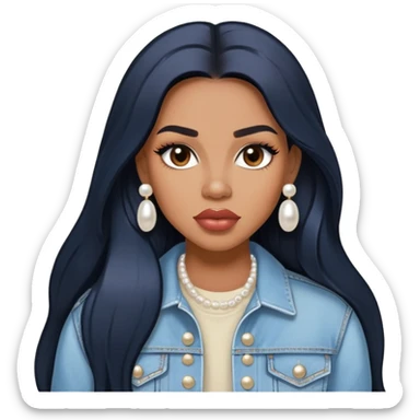 light brown skin tone, very beautiful woman, with big plump lips, long long lashes, black straight long hair, brown eyes, light blue denim jacket, pearl stud earrings sticker