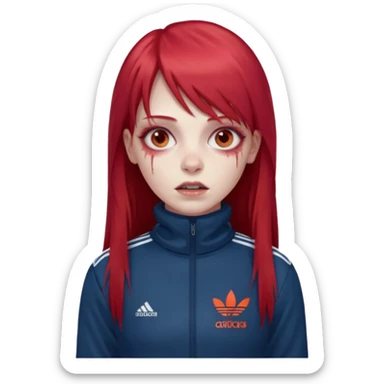 Crie um emoji de uma menina com bochecha gordinha com o cabelo vermelho longo com uma franja reta zumbi casaco de gola alta da adidas sticker