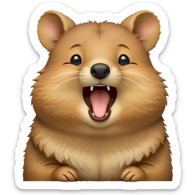 cinematic-realistic  yawning quokka-emoji,-small-round-frame, head tilted in an endearing manner, wouth wide open yawning, sleepy comical smile, round fluffy cheeks, giant-fluffy-cheeks-large-smile-fluffy-brown-fur-radiating-a-warm-softness,-big-round-eyes-filled-with-joy, realistic round  fluffy zoomed in, large black eyes one paw raised in the air sticker