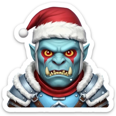 
Fantasy Christmas orc legion soldier icon, iron tundra army theme, heavy winter armor, disciplined brutal look, icy blue steel armor with deep crimson accents, frozen metal texture, cold winter atmosphere, male variant sticker