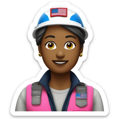 Wearing a patriotic dress with a neon pink safety vest, hard hat and ear muffs with a patriotic patch on her vest. The background image is of the patriotic flag  sticker