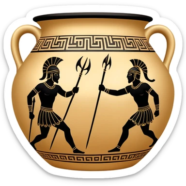 Cinematic-realistic Grecian urn, an exquisite black-figure pottery masterpiece resting in the dim glow of an ancient temple. Intricate golden depictions of two warrior fighting with spears and warriors encircle its curved form, telling timeless myths of heroism and tragedy.  sticker