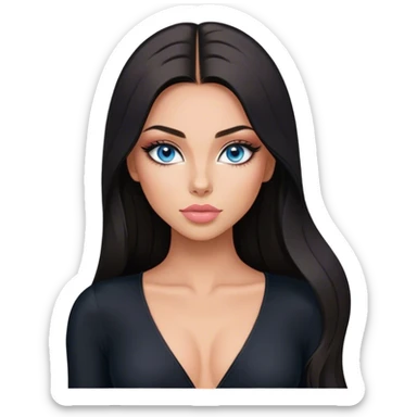 Glamours make-up, tanned, beautiful, girl, with blue eyes, big pump peach-beige-rose lips, eyeliner, long lashes, black straight smooth silky long hair, parting hair in the middle,  in black v-neck bodysuit long sleeves sticker