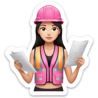 pink construction hat, design draft in hand, long black hair tanned woman, black sports bra, pink vest, sexy, hot  sticker