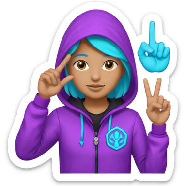 Hooded Vault Pioneer saluting with two fingers, neon purple-cyan glow, badge on chest, emoji style sticker