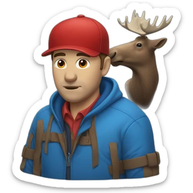Man with blue jacket and red cap with dead lying moose sticker