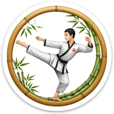 An icon symbolizing Eastern martial arts in the style of an emblem, with a black-and-white Yin-Yang symbol at the center. The design shows a martial artist performing a graceful kick, surrounded by bamboo and traditional elements. Transparent background emphasizes balance and harmony. sticker
