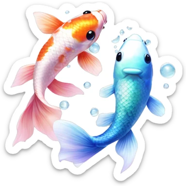  Two realistic koi fish, one green & blue, the other pink & white, swimming in circle, ying yang, Pisces fish, cloudy, water, dreamy, bubbles, iridescent sticker