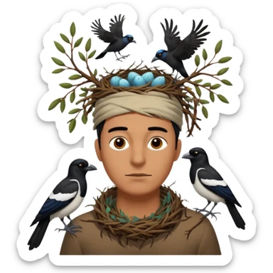 A man who has an Australian magpie, birds nest on top of his head for hair sticker