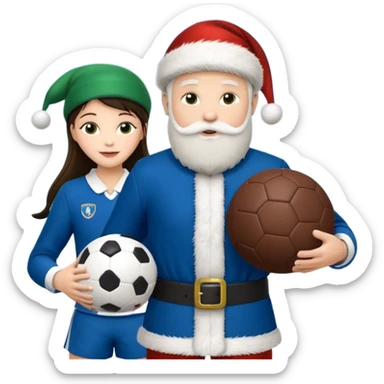 3 atletas, um homem no meio e duas mulheres com cores de pele diferentes, usando elementos esportivos, bola de futebol, luvas de luta e bola de vôlei. Coloque um chapéu de papai noel das cores verde e com uniforme azul e branco sticker