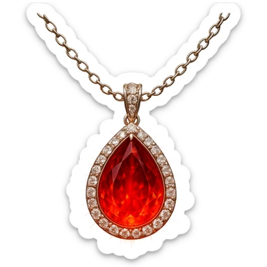 A teardrop-shaped ruby pendant cradled in a delicate silver chain, haloed by shimmering white stones, glowing with fiery red light sticker