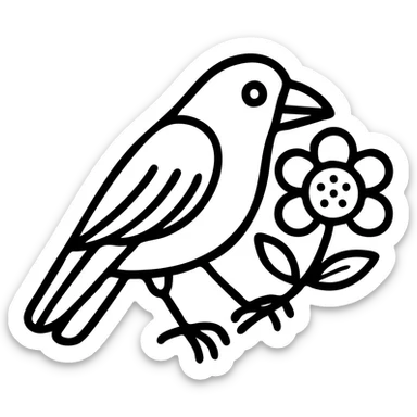 Make the flower motif look more Scandinavian folk art style with bright folk colors for the motif. Keep the black crow with bold black outline. The motif should also be outlined in black. The design should be simple and clear, with a transparent background. The style should match the previous heart set style, focusing on bold black outlines and clear folk art colors. sticker