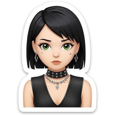 A white girl with Black straight hair with a bob with a black spiked chocker with punk clothes on sticker