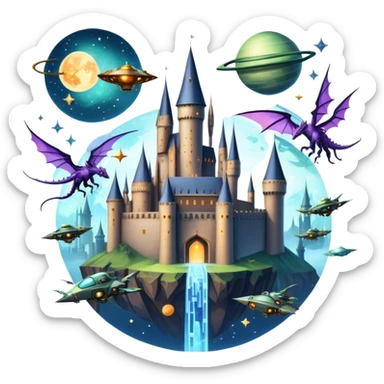 Icon for Fantasy and Sci-Fi Movies: A magical collage with flying dragons. futuristic spaceships and UFOs. Stars and planets shimmer in the background with a mystical castle Hogvards an ancient wizard and robots. The atmosphere is epic, otherworldly and adventurous. Transparent background. sticker