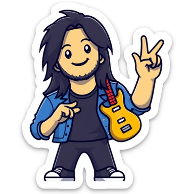 Rockstar musician with long hair, confident smile looking up, rock hand gesture, stage presence, edgy style sticker