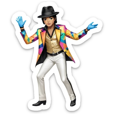 Icon for R&B Music: Michael Jackson in full body, wearing a bright, recognizable costume—sparkling jacket, black fedora, and signature glove. He is in a dynamic, energetic pose, with musical notes and abstract patterns surrounding him. Transparent background. sticker