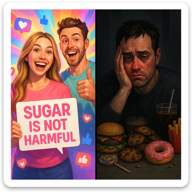 symbolic split scene: left side energetic smiling social influencers saying sugar is not harmful, strong lights and colorful filters; right side person showing signs of inflammation and fatigue, surrounded by sweets and junk food, dark tones and shadows; contrast between appearance and reality; modern style, 4K quality sticker