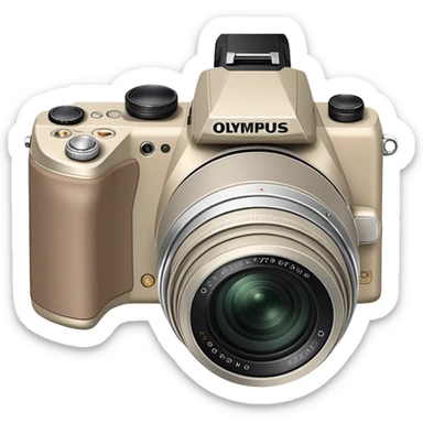 Extremely minimal Olympus Superzoom 70G camera from front view, grayish-beige color, simplified to basic geometric shapes, just hint of lens and minimal details sticker