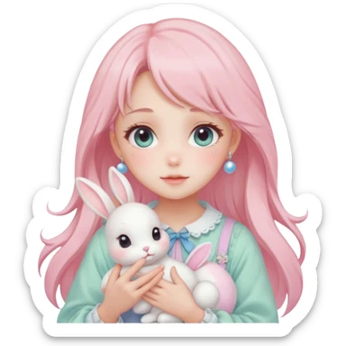 Gorgeous pastel anime style lady with blushing face and holding a bunny cottagecore fairycore pastelcore colorful pearly romantic simplistic aesthetic trending style sticker