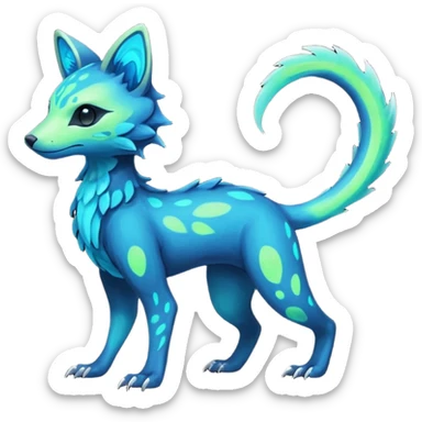 Rare realistic dark-neon glowing bioluminescent edgy badass epic pretty beautiful handsome gorgeous aesthetic colorful vibrant Vernid-Trico-species-Fakemon-creature by LiLaiRa, 4 legs, 1 tail, random markings, (full body) sticker