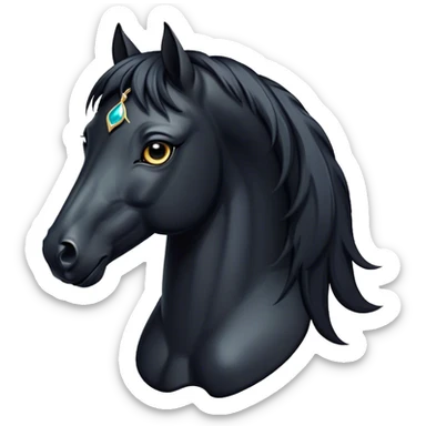Cinematic Elegant Black Horse Portrait Emoji, Head held high with a serene, powerful gaze, showcasing a magnificent jet-black fur with a radiant, glossy finish, a flowing mane and tail, and piercing dark eyes exuding beauty and strength, Simplified yet majestically refined features, highly detailed, glowing with a soft, ethereal light, high shine, poised and breathtaking, stylized with an air of pure elegance, capturing the essence of a stunning and graceful steed, so beautiful it feels like it could gallop out of the screen with effortless charm! sticker