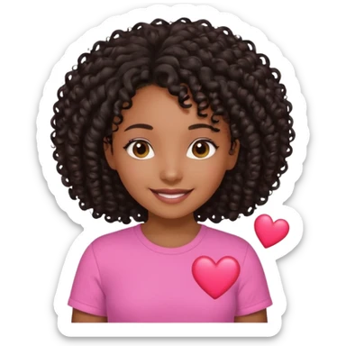 A brown skin girl with a black curly 4C hair and she has a pink Shirt that has a heart  sticker